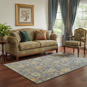 HomeRoots 8' Elegant Floral Washable Round Rug in Gray, Gold & Blue – Stain Resistant with UV Protection 708418