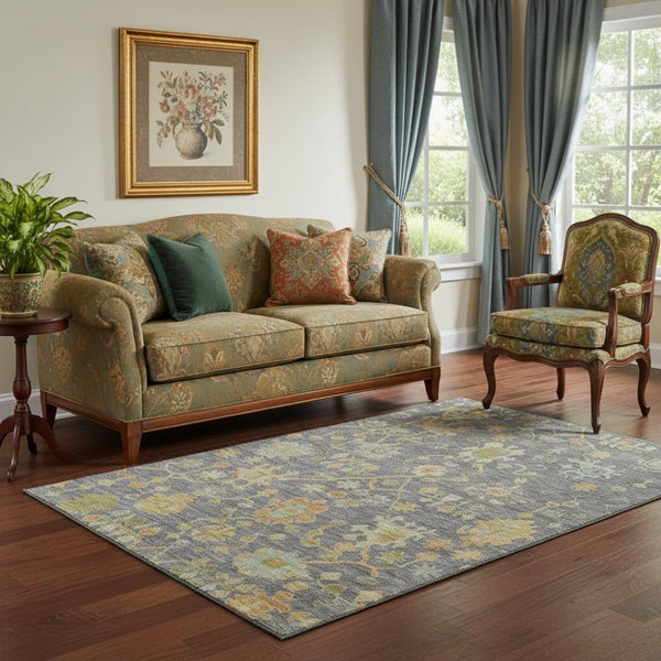 HomeRoots 8' Elegant Floral Washable Round Rug in Gray, Gold & Blue – Stain Resistant with UV Protection 708418