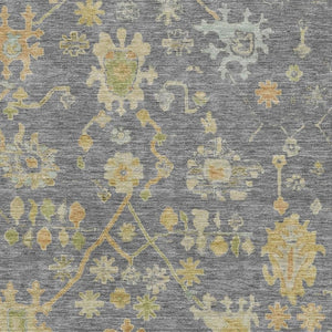 HomeRoots 8' Elegant Floral Washable Round Rug in Gray, Gold & Blue – Stain Resistant with UV Protection 708418