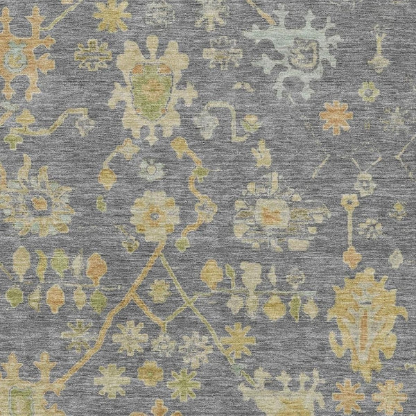HomeRoots 8' Elegant Floral Washable Round Rug in Gray, Gold & Blue – Stain Resistant with UV Protection 708418