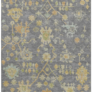 HomeRoots 8' Elegant Floral Washable Round Rug in Gray, Gold & Blue – Stain Resistant with UV Protection 708418