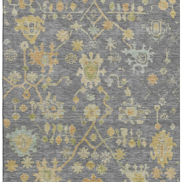 HomeRoots 8' Elegant Floral Washable Round Rug in Gray, Gold & Blue – Stain Resistant with UV Protection 708418
