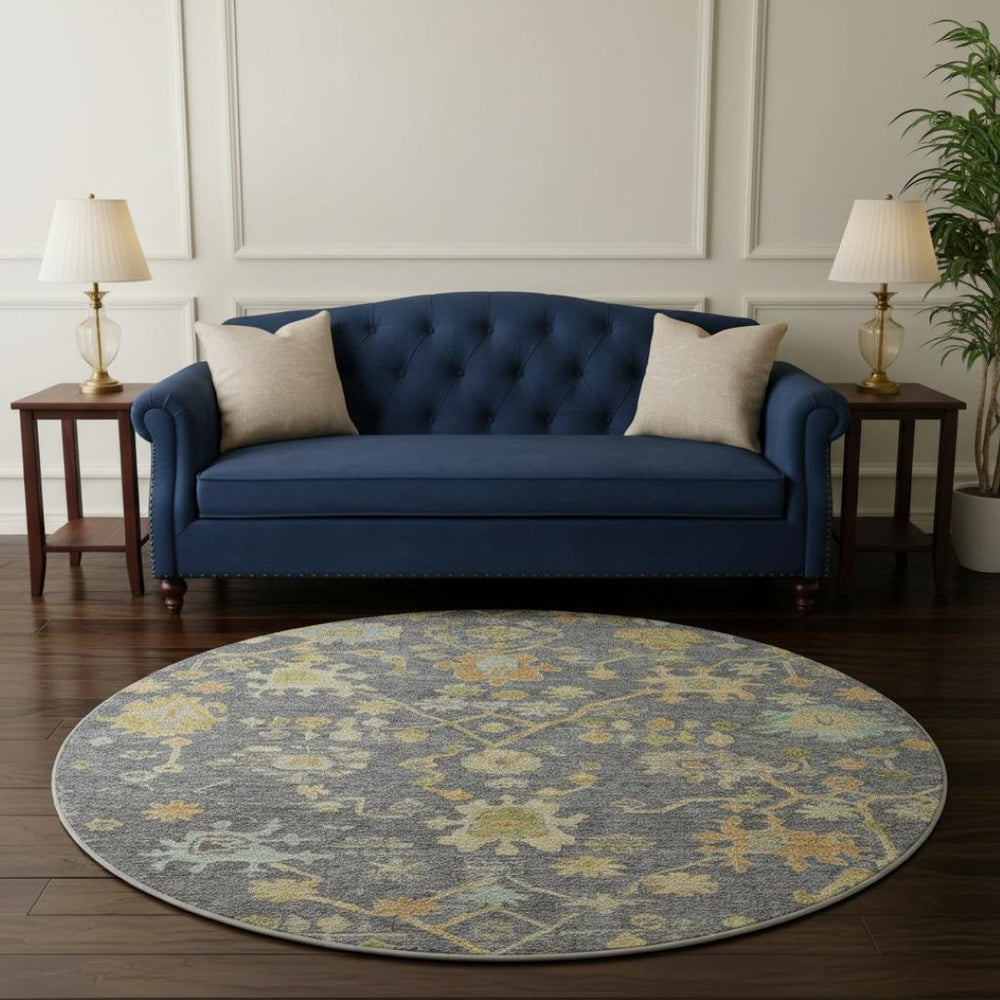 HomeRoots 8' X 10' Floral Washable Area Rug in Gray, Gold & Blue - Durable, Stain Resistant with UV Protection 708419