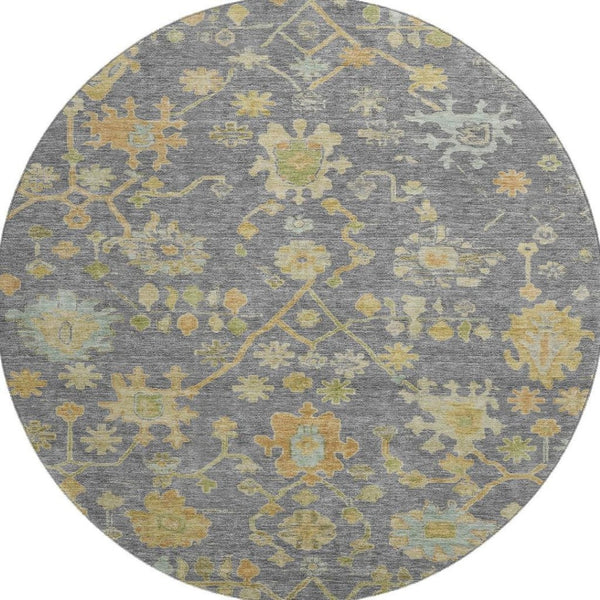 HomeRoots 8' X 10' Floral Washable Area Rug in Gray, Gold & Blue - Durable, Stain Resistant with UV Protection 708419