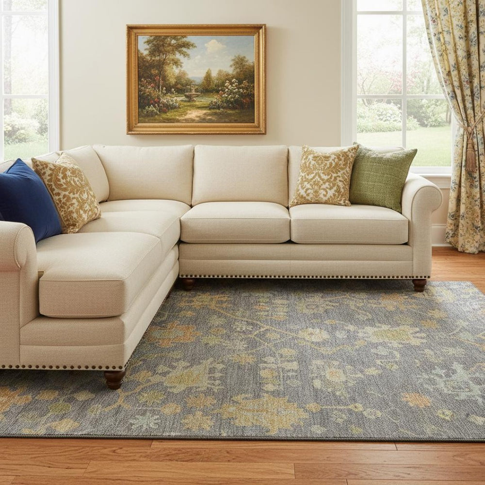 HomeRoots 9' X 12' Gray Gold and Blue Floral Area Rug - Washable, UV-Protected, Non-Slip, Durable Design 708420