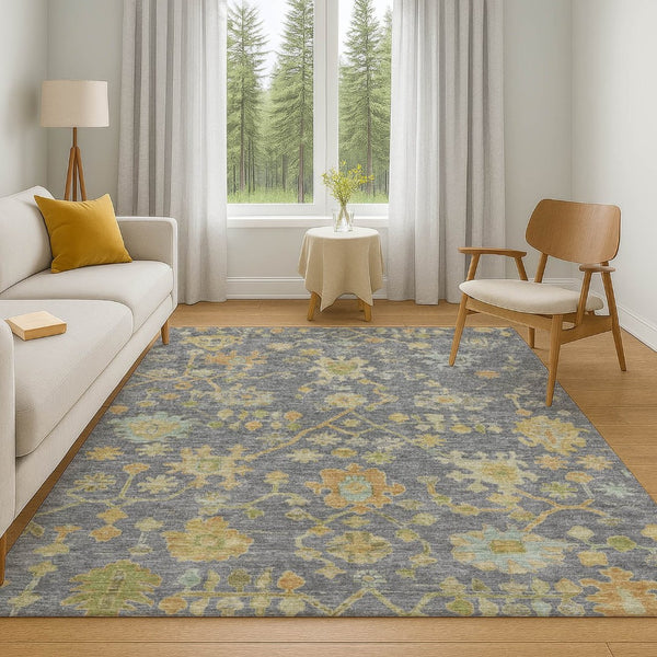HomeRoots 9' X 12' Gray Gold and Blue Floral Area Rug - Washable, UV-Protected, Non-Slip, Durable Design 708420