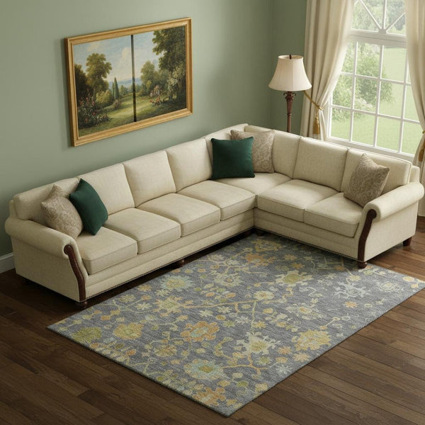 HomeRoots 10' X 14' Gray Gold And Blue Floral Area Rug – Washable, UV-Protected, and Perfect for Any Room! 708421