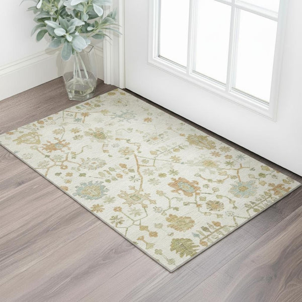 HomeRoots 5' X 8' Elegant Ivory Gold Blue Floral Washable Area Rug - UV Protected, Stain Resistant & Non-Slip 708423
