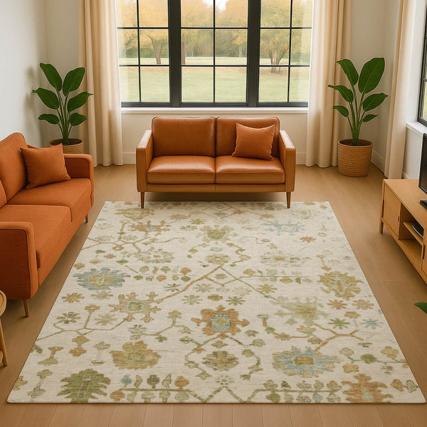 HomeRoots 5' X 8' Elegant Ivory Gold Blue Floral Washable Area Rug - UV Protected, Stain Resistant & Non-Slip 708423