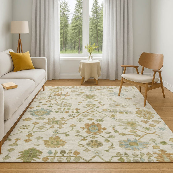 HomeRoots 5' X 8' Elegant Ivory Gold Blue Floral Washable Area Rug - UV Protected, Stain Resistant & Non-Slip 708423