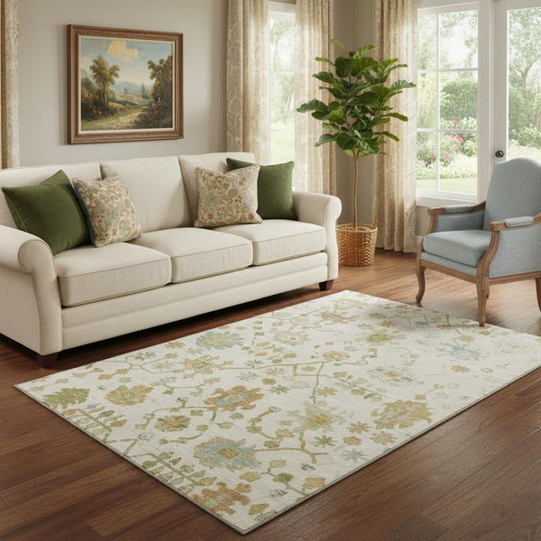 HomeRoots 8' Washable Floral Round Rug in Ivory, Gold & Blue - Durable, Stain Resistant, UV Protected Design 708424