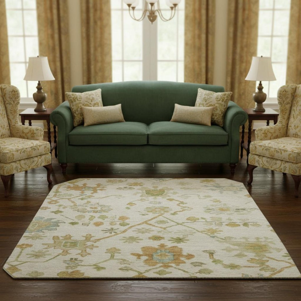 HomeRoots 8' X 10' Elegant Ivory, Gold & Blue Floral Washable Area Rug - UV Protected, Stain Resistant Design 708425