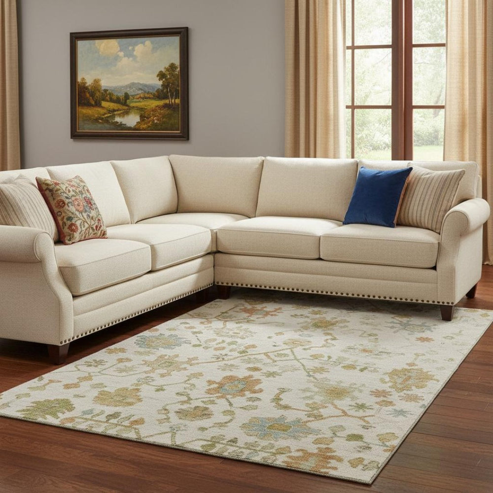 HomeRoots 9' Elegant Ivory Gold & Blue Floral Washable Area Rug - UV Protected, Stain Resistant, Non-Slip Design 708426