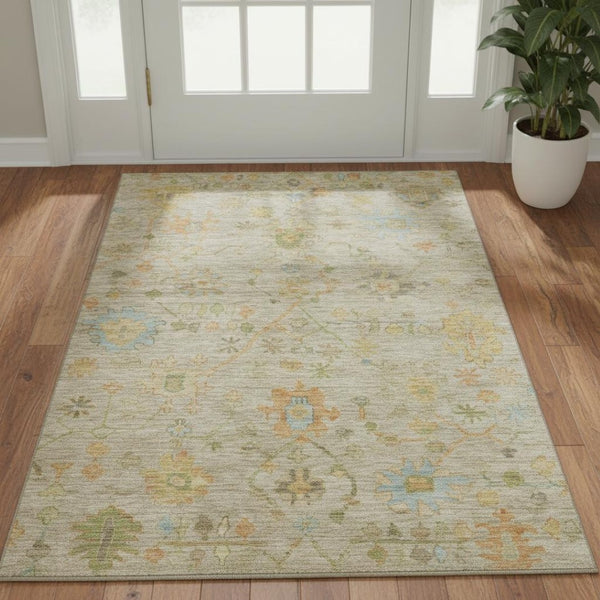 HomeRoots 5' X 8' Washable Khaki Gold & Blue Floral Area Rug with UV Protection for High-Traffic Spaces 708429
