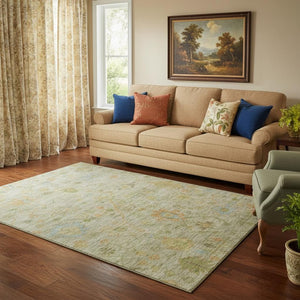 HomeRoots 8' Washable Khaki Gold & Blue Floral Rug - UV Protected, Stain Resistant, Perfect for High Traffic Areas 708430