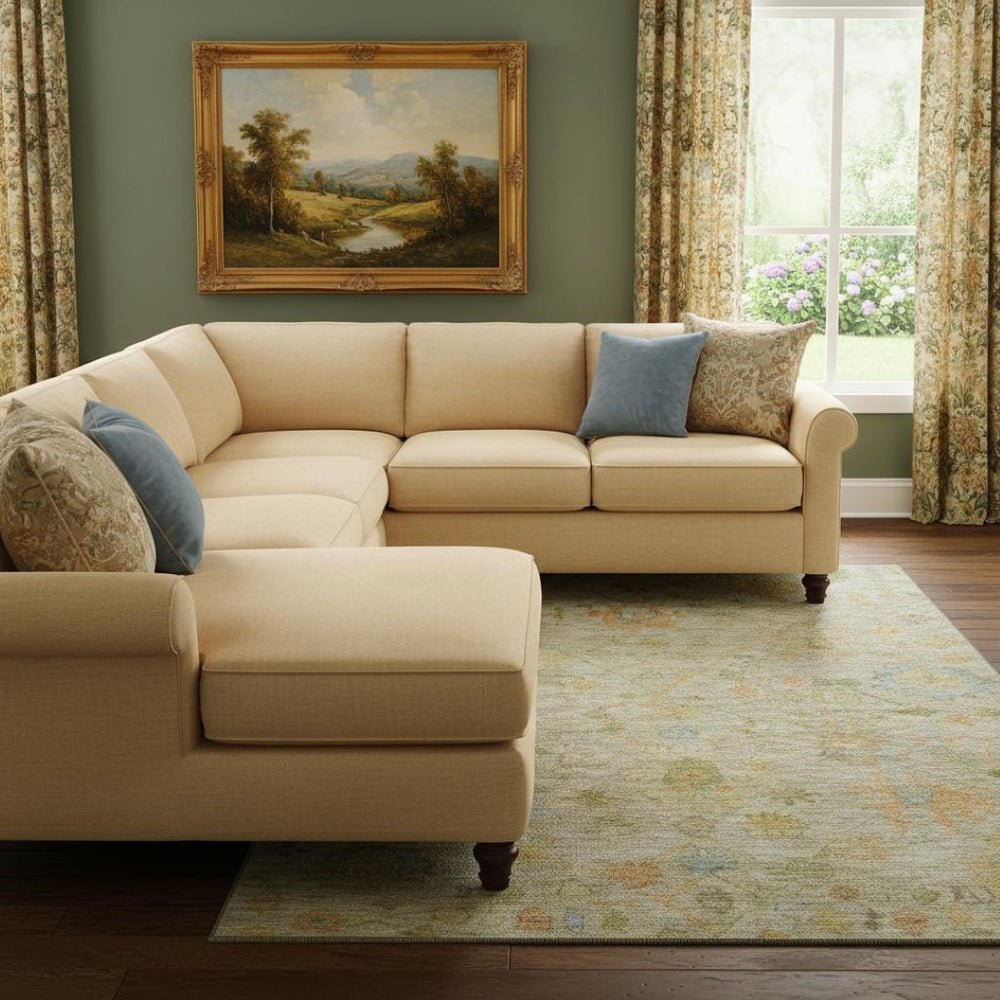 HomeRoots 9' X 12' Khaki Gold & Blue Floral Area Rug - Durable, Washable, UV-Protected for Indoor & Outdoor Use 708432