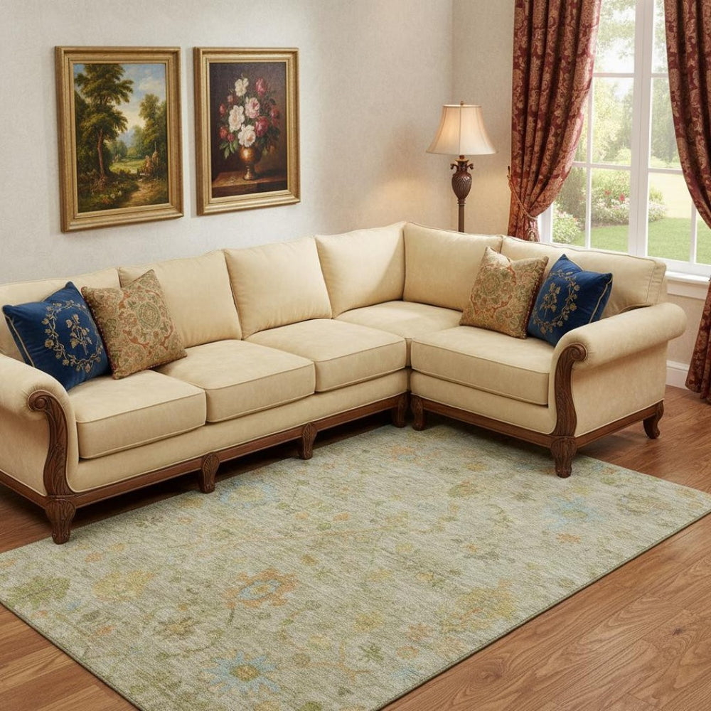 HomeRoots 10' X 14' Elegant Khaki Gold & Blue Floral Area Rug - Washable, UV-Protected, Stain Resistant Design! 708433