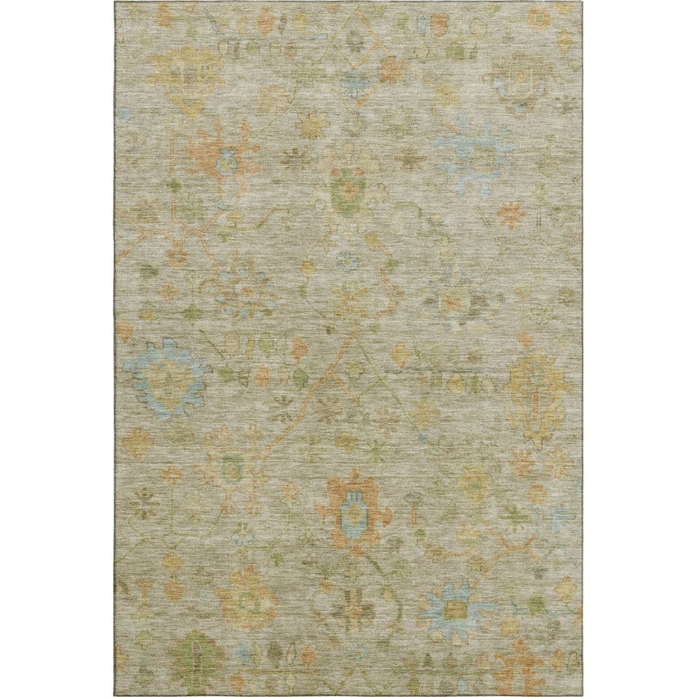 HomeRoots 10' X 14' Elegant Khaki Gold & Blue Floral Area Rug - Washable, UV-Protected, Stain Resistant Design! 708433