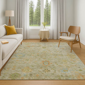 HomeRoots 10' X 14' Elegant Khaki Gold & Blue Floral Area Rug - Washable, UV-Protected, Stain Resistant Design! 708433