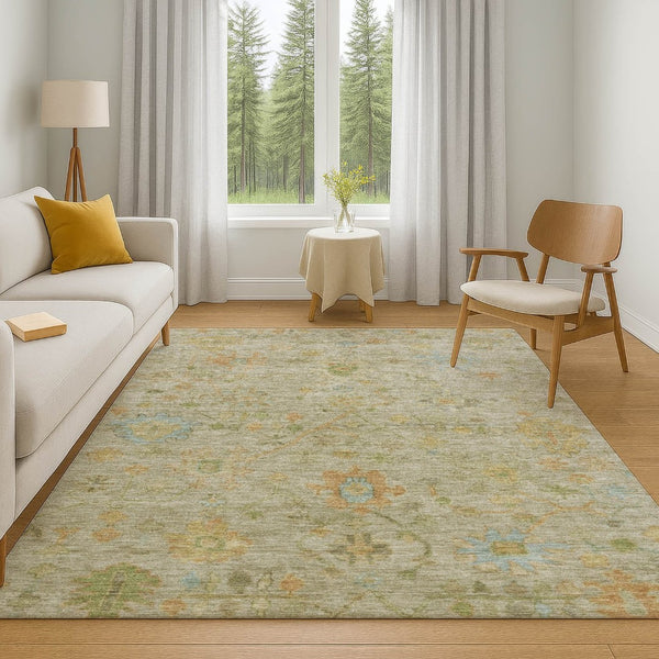 HomeRoots 10' X 14' Elegant Khaki Gold & Blue Floral Area Rug - Washable, UV-Protected, Stain Resistant Design! 708433