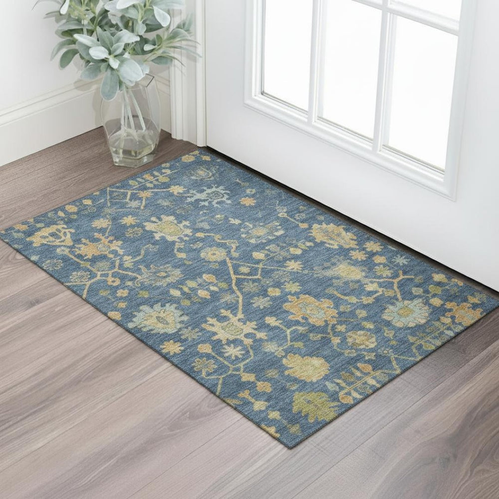 HomeRoots 5' X 8' Navy Blue and Gold Floral Washable Area Rug - Stain Resistant, UV Protection, Durable Design 708435