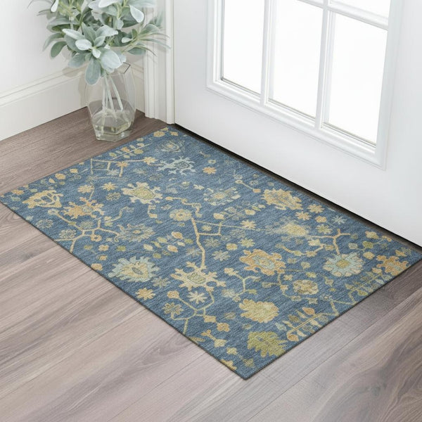 HomeRoots 5' X 8' Navy Blue and Gold Floral Washable Area Rug - Stain Resistant, UV Protection, Durable Design 708435