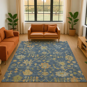 HomeRoots 5' X 8' Navy Blue and Gold Floral Washable Area Rug - Stain Resistant, UV Protection, Durable Design 708435