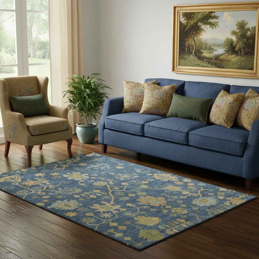 HomeRoots 8' Navy Blue & Gold Floral Round Rug - Washable, UV-Protected, Stylish Accent for High-Traffic Areas 708436