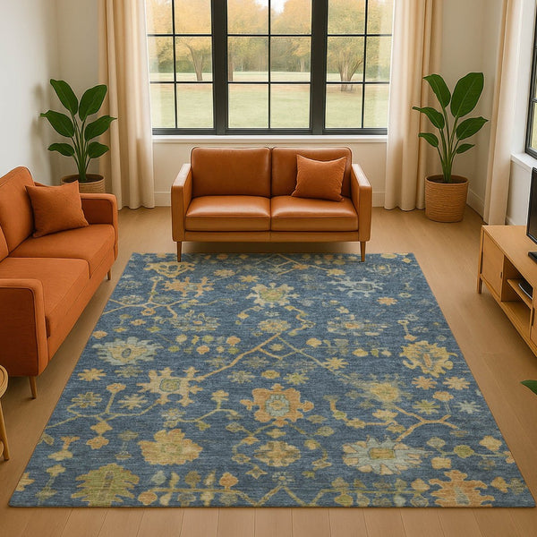 HomeRoots 8' Navy Blue & Gold Floral Round Rug - Washable, UV-Protected, Stylish Accent for High-Traffic Areas 708436