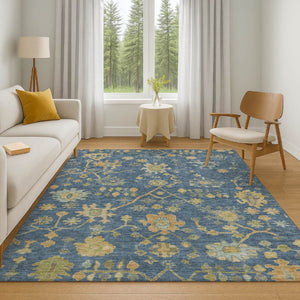 HomeRoots 8' Navy Blue & Gold Floral Round Rug - Washable, UV-Protected, Stylish Accent for High-Traffic Areas 708436