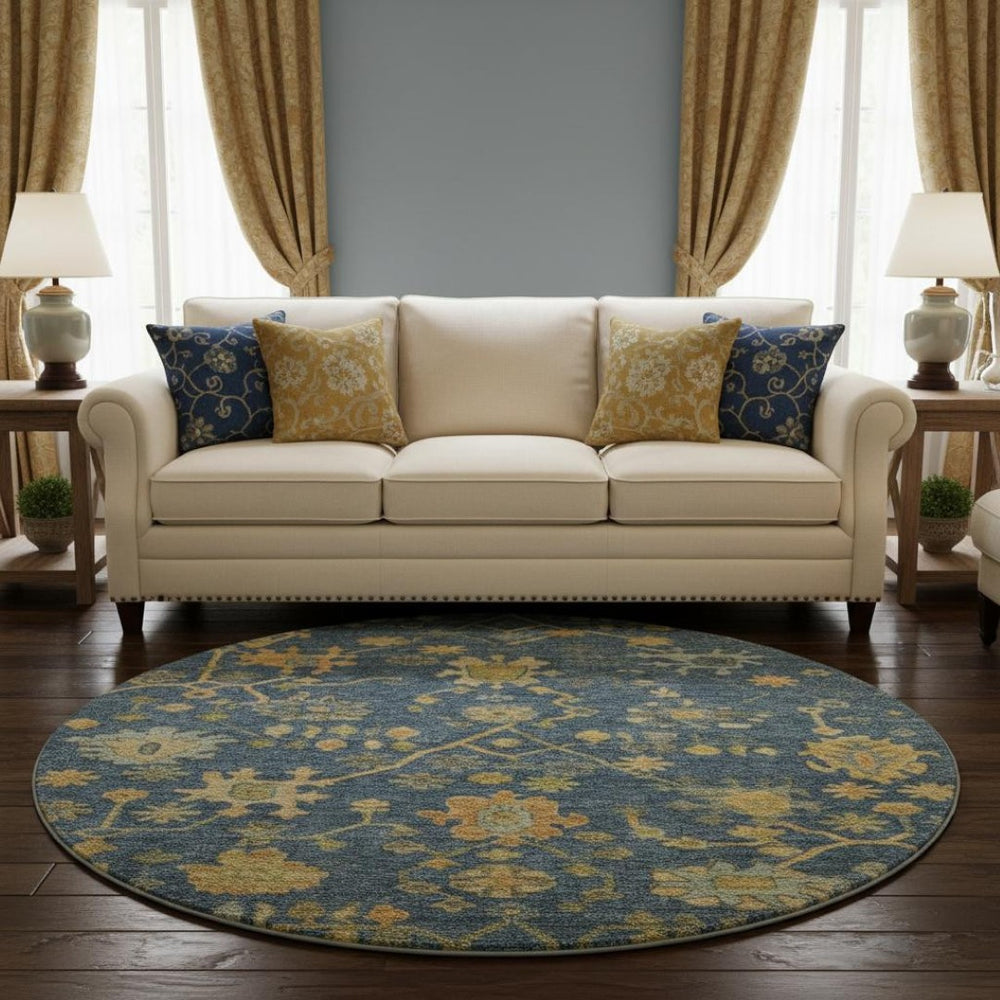 HomeRoots 8' X 10' Navy Blue And Gold Floral Area Rug - Washable, UV Protected, Non-Slip, Perfect for Living Spaces 708437