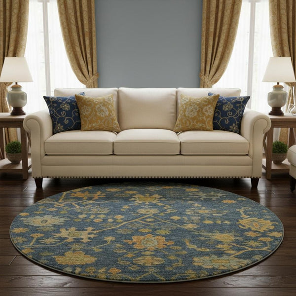 HomeRoots 8' X 10' Navy Blue And Gold Floral Area Rug - Washable, UV Protected, Non-Slip, Perfect for Living Spaces 708437