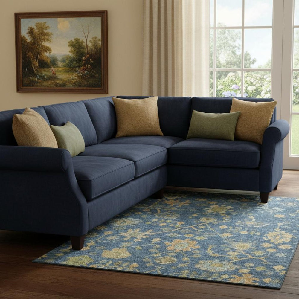 HomeRoots 9' X 12' Navy Blue and Gold Floral Area Rug - Washable, Stain-Resistant, Perfect for High-Traffic Homes! 708438
