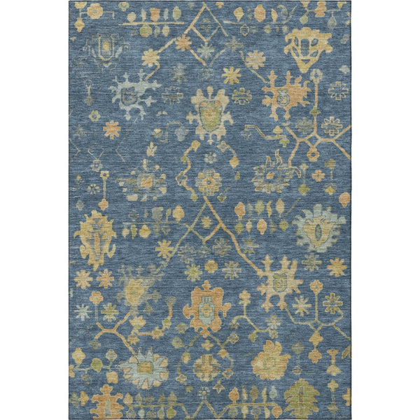 HomeRoots 9' X 12' Navy Blue and Gold Floral Area Rug - Washable, Stain-Resistant, Perfect for High-Traffic Homes! 708438