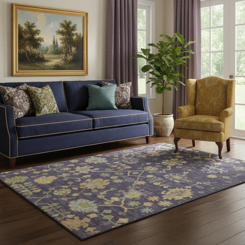 HomeRoots 8' Vibrant Purple, Gold & Blue Floral Washable Round Rug - UV Protected, Family-Friendly Design 708442