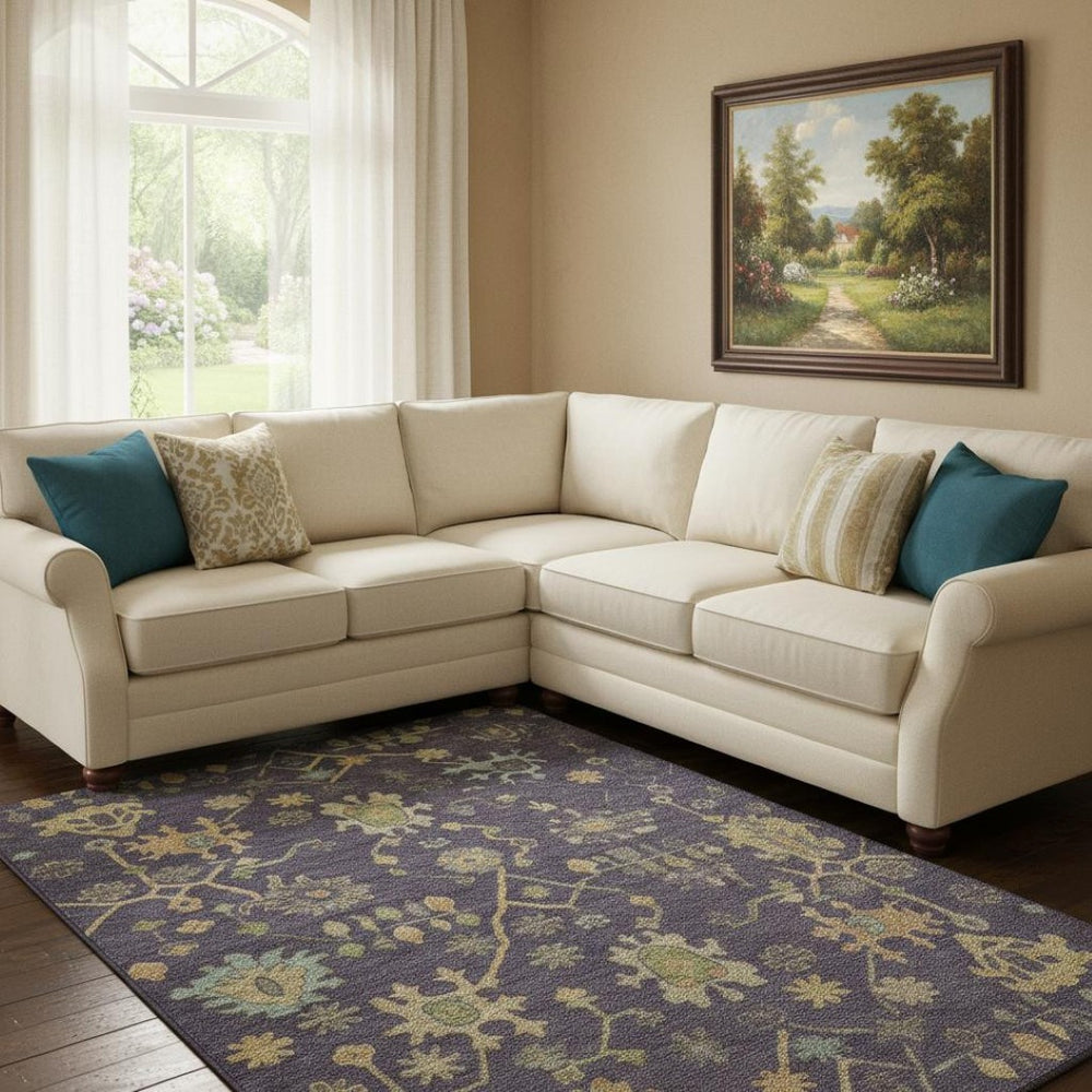 HomeRoots 9' X 12' Floral Area Rug in Purple, Gold & Blue - Washable, UV-Protected, Perfect for High-Traffic Spaces 708444