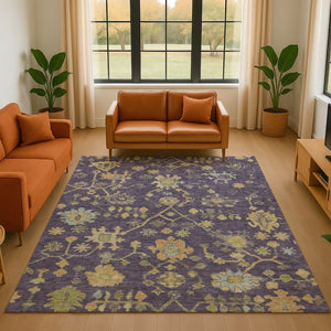 HomeRoots 10' X 14' Floral Area Rug in Purple, Gold & Blue - Washable, UV-Protected, Durable Design for Homes 708445