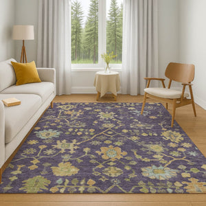 HomeRoots 10' X 14' Floral Area Rug in Purple, Gold & Blue - Washable, UV-Protected, Durable Design for Homes 708445