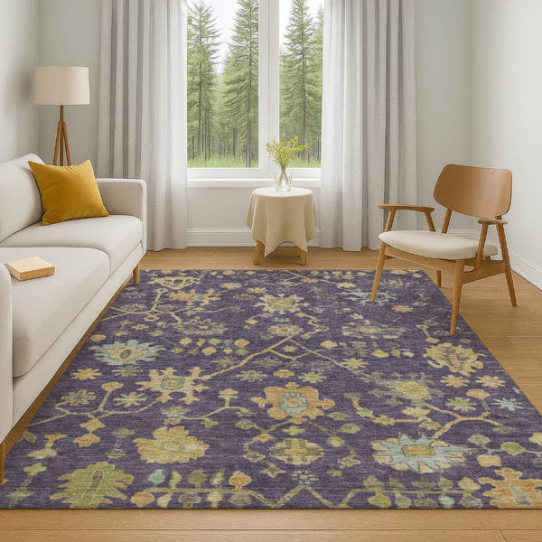 HomeRoots 10' X 14' Floral Area Rug in Purple, Gold & Blue - Washable, UV-Protected, Durable Design for Homes 708445
