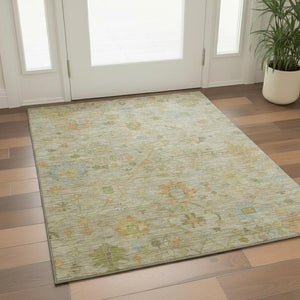 HomeRoots 5' X 8' Sage Gold And Blue Floral Area Rug – Washable, Stain Resistant, UV Protected for Busy Homes 708447