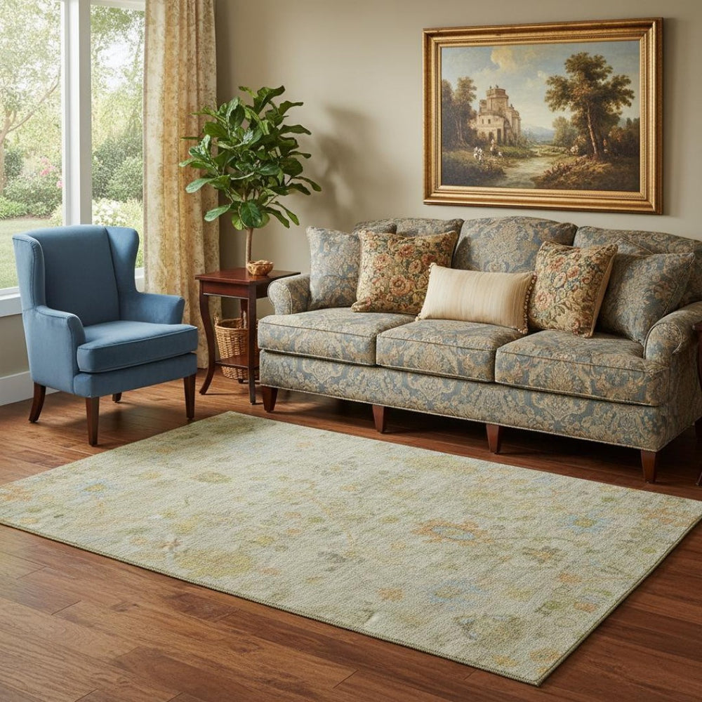 HomeRoots 8' Elegant Sage Gold & Blue Floral Round Rug - Washable, UV-Protected, Durable for Active Homes 708448