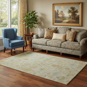 HomeRoots 8' Elegant Sage Gold & Blue Floral Round Rug - Washable, UV-Protected, Durable for Active Homes 708448