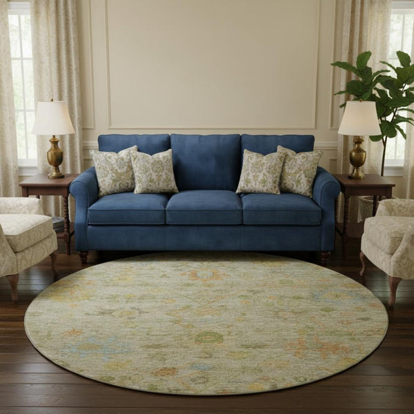 HomeRoots 8' X 10' Floral Area Rug in Sage, Gold & Blue - Washable, UV Protected, Non-Slip for Family Spaces 708449
