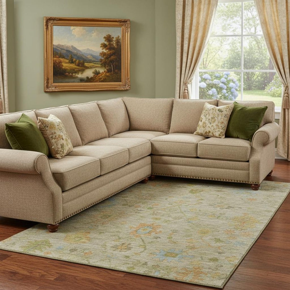HomeRoots 9' X 12' Sage Gold and Blue Floral Washable Area Rug with Stain Resistance & UV Protection Features 708450
