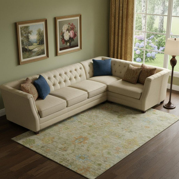HomeRoots 10' X 14' Sage Gold and Blue Floral Area Rug - Washable, UV-Protected, Durable for Family Spaces 708451