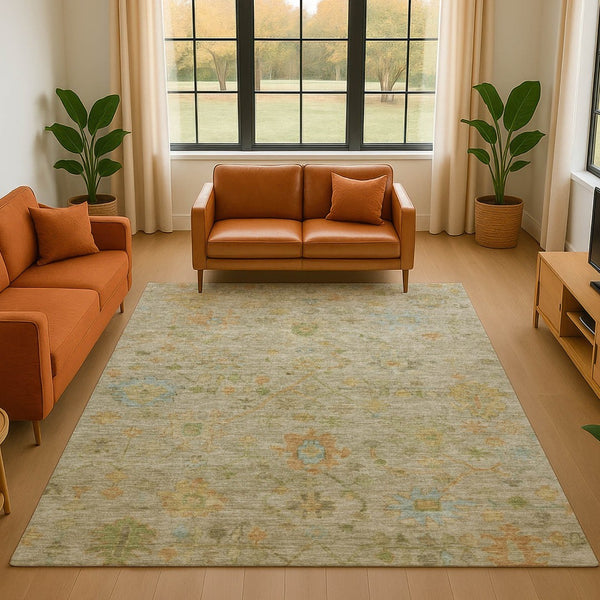 HomeRoots 10' X 14' Sage Gold and Blue Floral Area Rug - Washable, UV-Protected, Durable for Family Spaces 708451