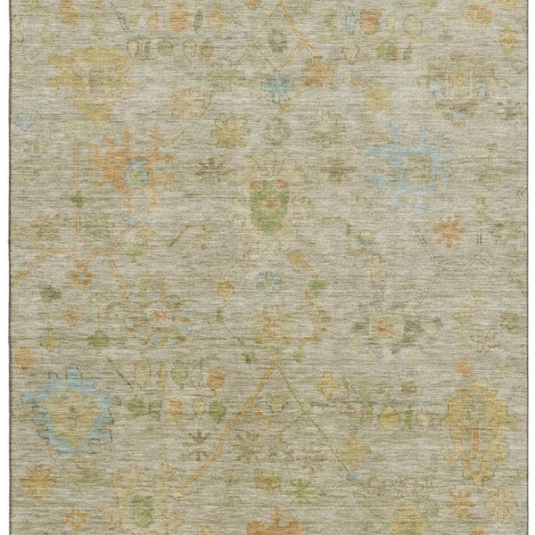 HomeRoots 10' X 14' Sage Gold and Blue Floral Area Rug - Washable, UV-Protected, Durable for Family Spaces 708451