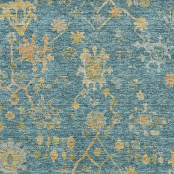 HomeRoots 5' Teal Gold and Blue Floral Washable Area Rug - UV Protected, Stain Resistant, Perfect for Families! 708453