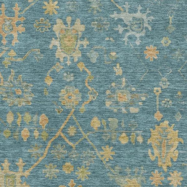 HomeRoots 8' Teal Gold and Blue Floral Round Rug - Washable, UV Protected, Stain Resistant for High Traffic Areas 708454