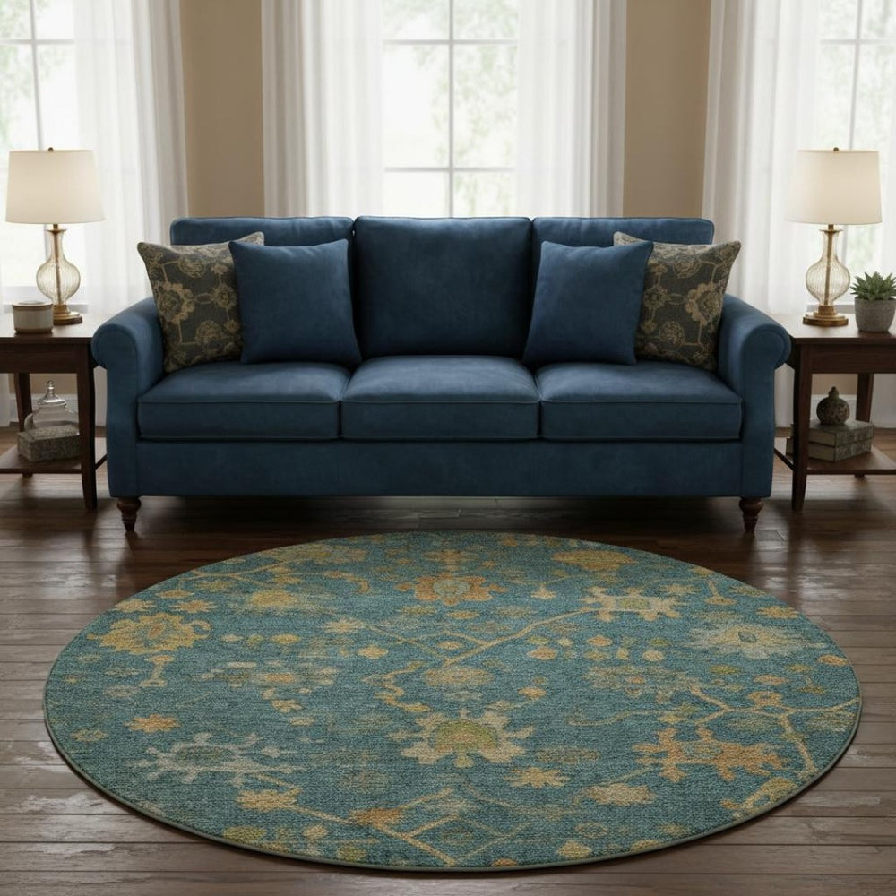 HomeRoots 8' X 10' Elegant Teal Gold & Blue Floral Washable Area Rug – UV Protected, Stain-Resistant Design! 708455